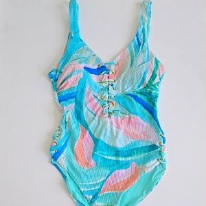 TiniBikini New One Piece Swimsuit High Waisted And Padded - Blue / Green Size S